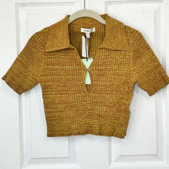 Another Girl Tops - Another Girl Lime Brown Space Dye Ribbed Organic Cotton Cropped Polo Top XIAGK04